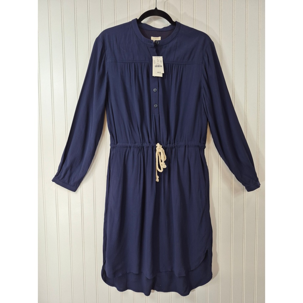 NWT J.Crew Navy Blue Long Sleeve Rope Drawstring Waist Shirt Dress Nautical S